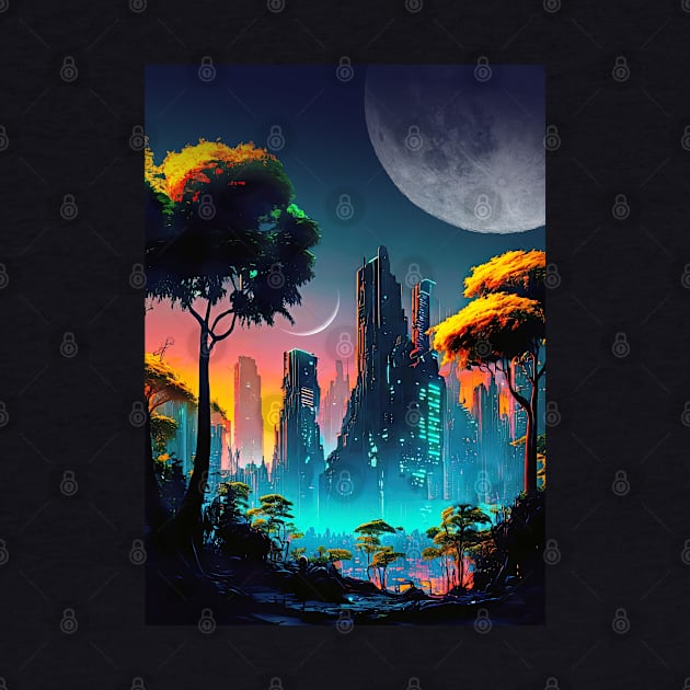 Neon cyberpunk city in a forest with Moons by Synthwave1950